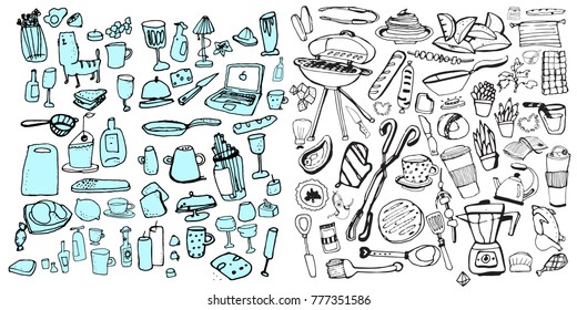 Hand drawn food elements. Set for menu decoration. Cartoon. Simple stylized forms. Black and white.