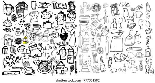 Hand drawn food elements. Set for menu decoration. Cartoon. Simple stylized forms. Black and white.