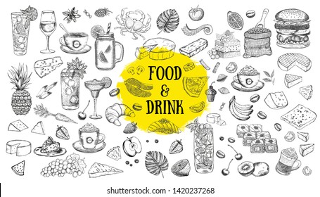 Hand drawn food elements.Vector set with food and drink.