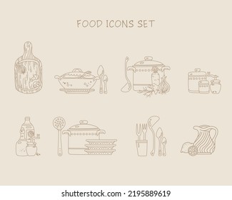 Hand drawn food icon set for recipes and restaurant menu. Soups pots, bowls, kitchenware, cutting board, ladle.