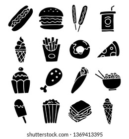 Hand drawn food icons set. Bakery, burger, dessert, ice cream, donut, noodle, fried potato, sandwich and chicken illustrations isolated. Vector background