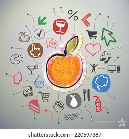 Hand drawn food icons set and sticker with apple