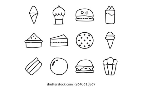 Hand drawn food icons set dessert and burger