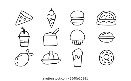 Hand drawn food icons set black and white