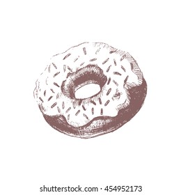 Hand drawn food illustration on white background. Donut in chocolate. Vector