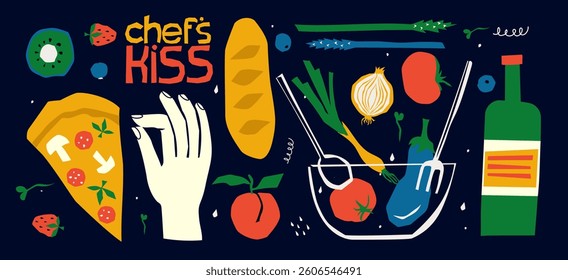 Hand drawn food illustration hand drawn set of the breakfast, lunch icons. Vector of wine glass, eggs, tomatoes, vegetables. Illustrations for invitations, menus and parties.