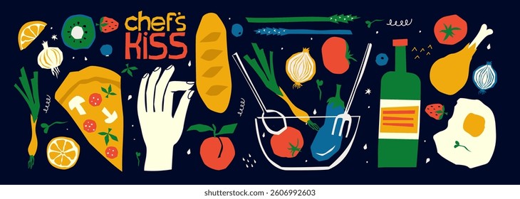 Hand drawn food illustration hand drawn set of the breakfast, lunch icons. Vector of wine glass, eggs, tomatoes, vegetables. Illustrations for invitations, menus and parties.