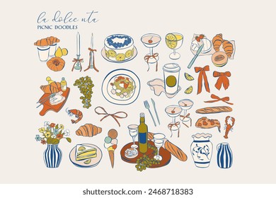 Hand drawn food illustration. Sketch style party wedding and picnic icons. Vectors of bows, croissant, Illustrations for invitations, menus and parties. La dolce vita italian style