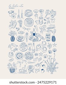 Hand drawn food illustration. Sketch style party wedding and picnic icons. Vectors of bows, croissant, Illustrations for invitations, menus and parties. La dolce vita italian style