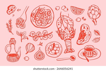 Ilustração desenhada à mão. Casamento de festa de estilo de esboço e ícones de piquenique. Vetores de lagosta, massas, café e azeitonas, Ilustrações para convites, cardápios e festas. La dolce vita estilo italiano
