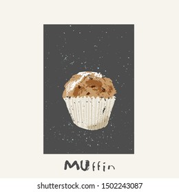 Hand drawn food illustration. Sweet muffin with chokolat chips and sugar icing on blackboard. Grungy sketch for menu and dessert background.