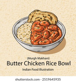 Hand drawn Food Illustration  Vector Indian Food Murgh Makhani Butter Chicken Rice Bowl