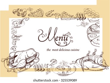  Hand drawn food illustrations for  restaurant or cafe menu. Background for menu design, brochures, cards  etc.