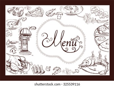 Hand drawn food illustrations for  restaurant or cafe menu. Background for menu design, brochures, cards etc.