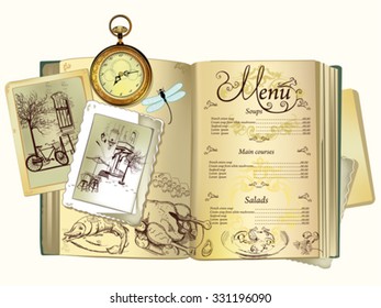 Hand drawn food illustrations for restaurant or cafe menu with town views. Background on an old book for menu design, brochures, cards etc.