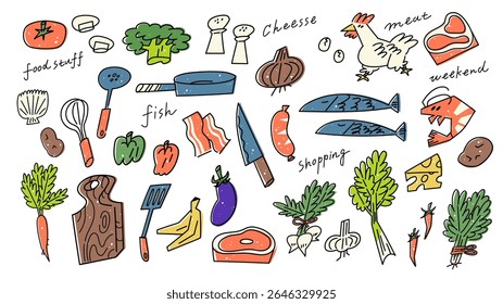 Hand Drawn Food Ingredients Collection - Fresh Vegetables, Meat, Fish, Dairy and Kitchen Tools Doodle Style Vector Illustrations Set