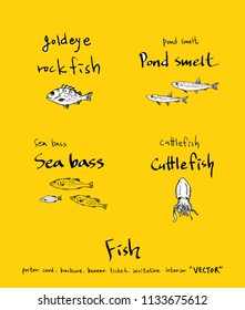 Hand drawn food ingredients - sea food menu illustrations - vector