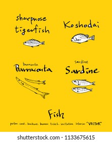 Hand drawn food ingredients - sea food menu illustrations - vector