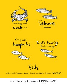 Hand drawn food ingredients - sea food menu illustrations - vector