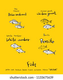 Hand drawn food ingredients - sea food menu illustrations - vector