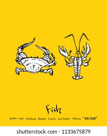 Hand drawn food ingredients - sea food menu illustrations - vector