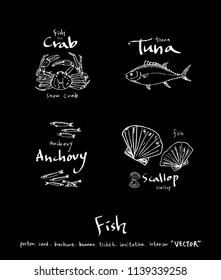 Hand drawn food ingredients - sea food menu illustrations - vector