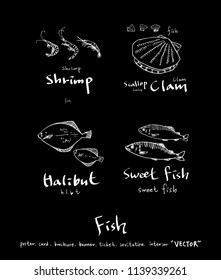 Hand drawn food ingredients - sea food menu illustrations - vector
