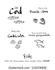 Hand drawn food ingredients - sea food menu illustrations - vector