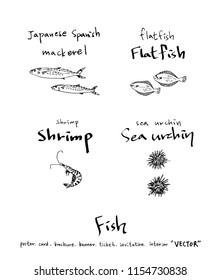 Hand drawn food ingredients - sea food menu illustrations - vector