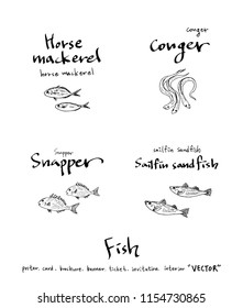 Hand drawn food ingredients - sea food menu illustrations - vector