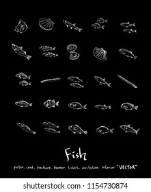 Hand drawn food ingredients - sea food menu illustrations - vector