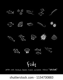 Hand drawn food ingredients - sea food menu illustrations - vector