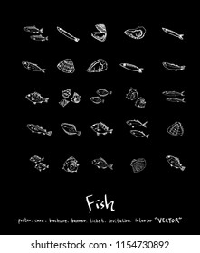 Hand drawn food ingredients - sea food menu illustrations - vector