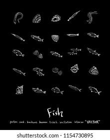 Hand drawn food ingredients - sea food menu illustrations - vector
