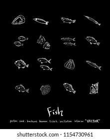 Hand drawn food ingredients - sea food menu illustrations - vector