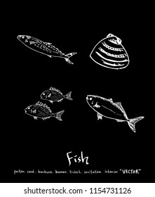 Hand drawn food ingredients - sea food menu illustrations - vector