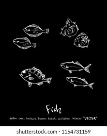 Hand drawn food ingredients - sea food menu illustrations - vector