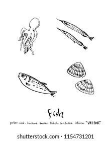 Hand drawn food ingredients - sea food menu illustrations - vector
