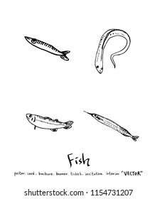 Hand drawn food ingredients - sea food menu illustrations - vector
