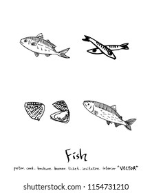 Hand drawn food ingredients - sea food menu illustrations - vector