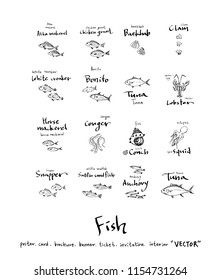 Hand drawn food ingredients - sea food menu illustrations - vector