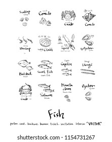 Hand drawn food ingredients - sea food menu illustrations - vector