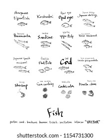 Hand drawn food ingredients - sea food menu illustrations - vector