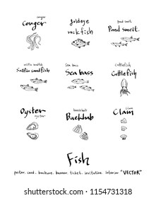 Hand drawn food ingredients - sea food menu illustrations - vector