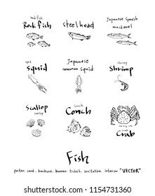 Hand drawn food ingredients - sea food menu illustrations - vector