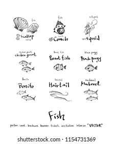 Hand drawn food ingredients - sea food menu illustrations - vector