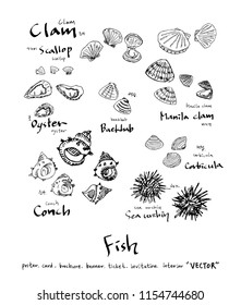 Hand drawn food ingredients - sea food menu illustrations - vector