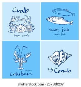 Hand drawn food ingredients - seafood illustrations - vector