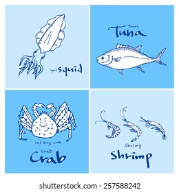 Hand drawn food ingredients - seafood illustrations - vector