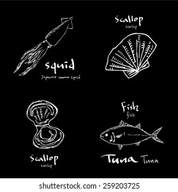 Hand drawn food ingredients - seafood illustrations - vector